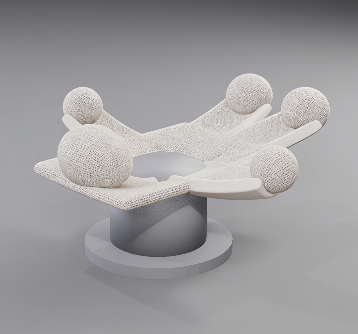 The Bloom, rendered: a shallow warm clay torso dish raised on a dark central stem, with five cupped channels radiating outward to rounded cradles, one for the head and one for each splayed limb