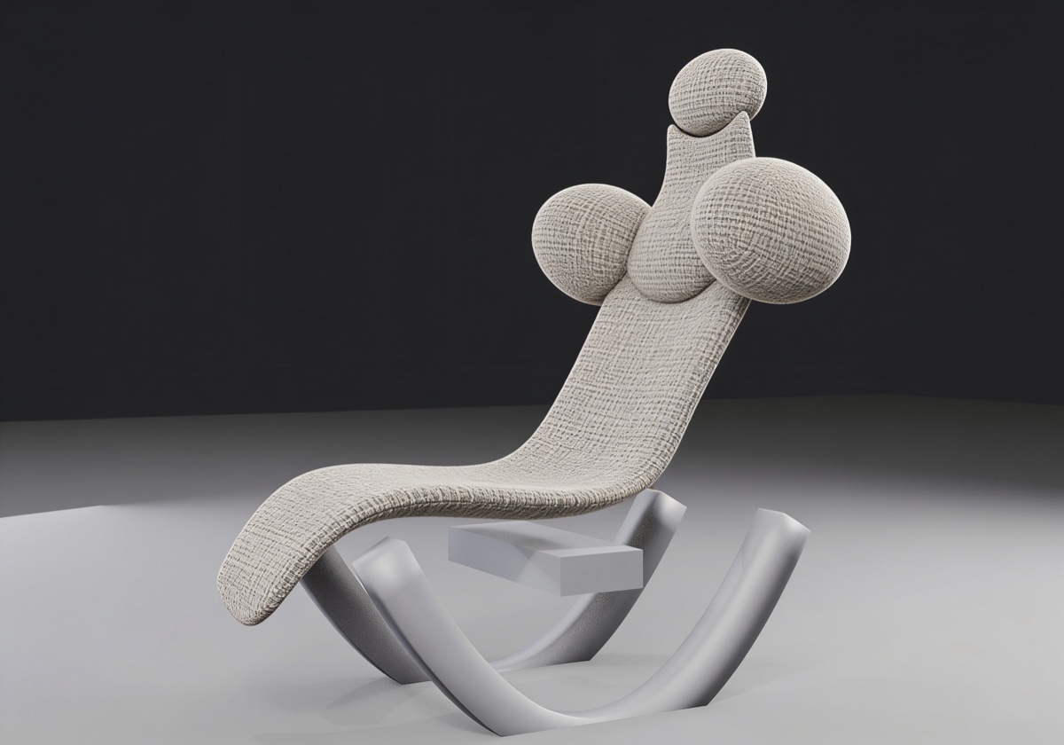 The Catch, rendered: a warm clay shell that curls from a head pillow down a cupped spine, swells into two shoulder catches, dishes under the pelvis and runs forward into a leg trough, all mounted on two dark curved rockers