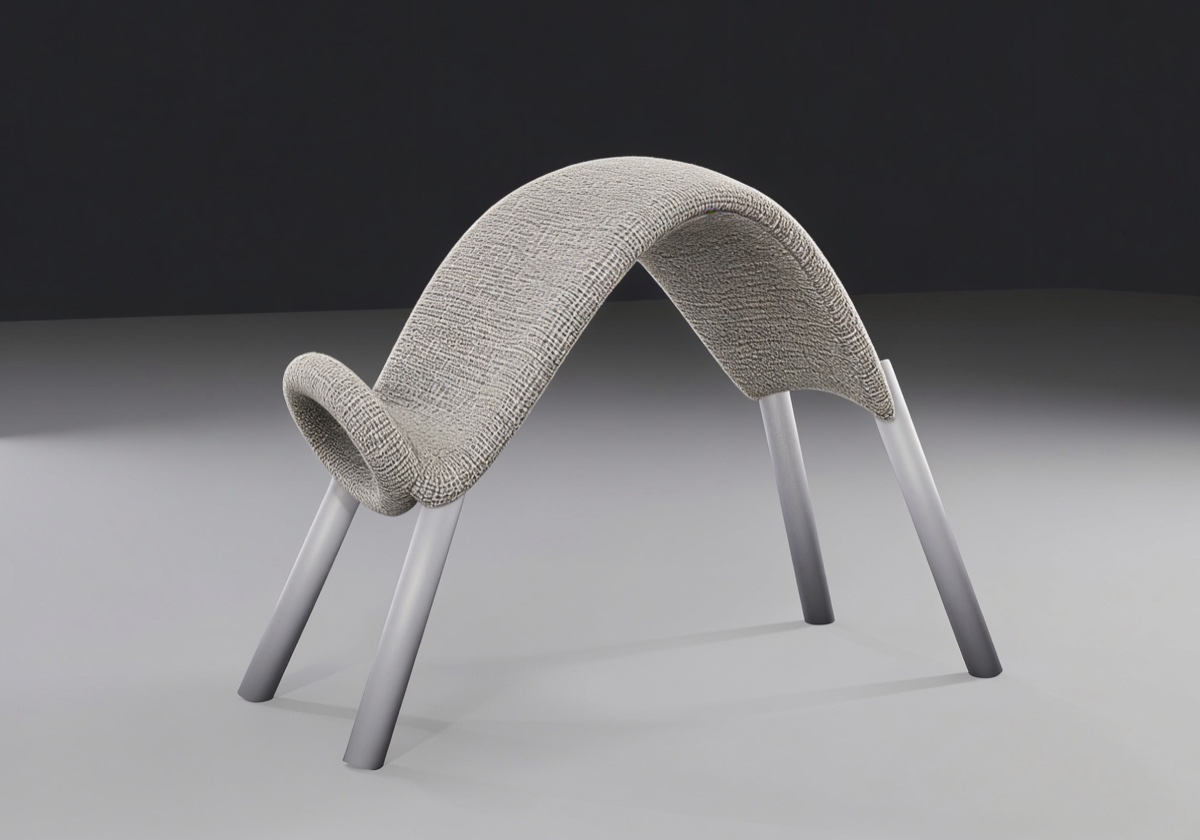 The Drape, rendered: a rounded warm clay crest on four slender dark legs with a circular face-cradle ring at the front lip, a form you fold forward over with your chest down the slope